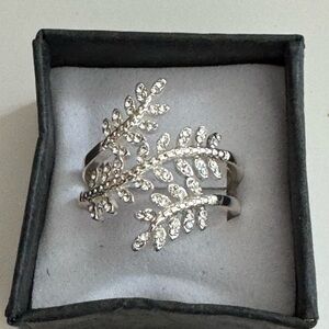 Silver Tone Crystal Leaf Wrap Ring - 8